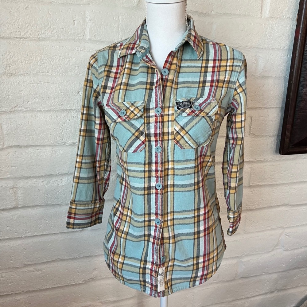 Superdry Womens Plaid Button Down Shirt Roll up Long Sleeve Pockets Small